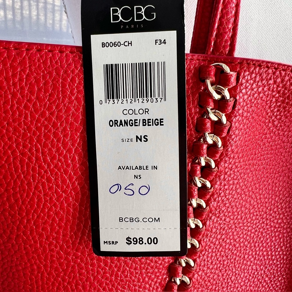 BCBG Paris Large Tote Orange and Beige Gold Chain Detail NWT - Picture 4 of 11